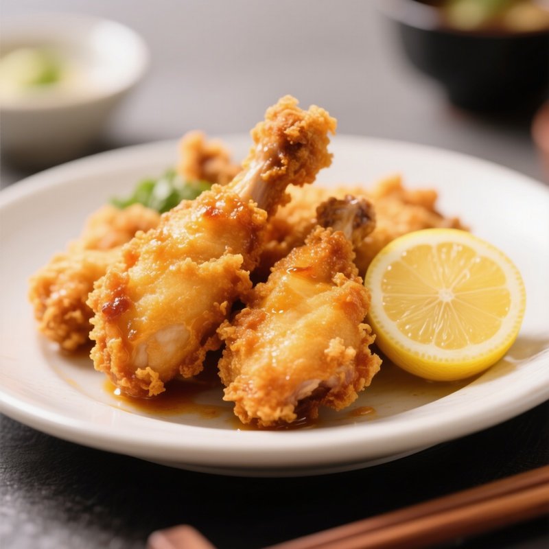 Chicken Karaage With Marinated Chicken Pieces Fried Until Golden And Juicy, Served With Lemon