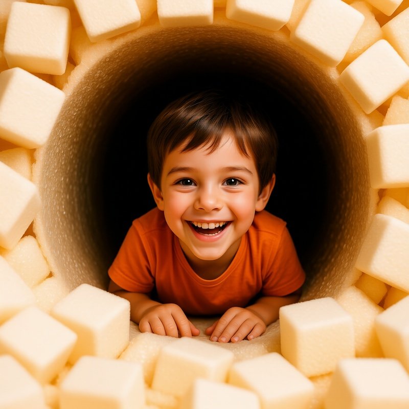 Child In Tunnel With Foam Blocks