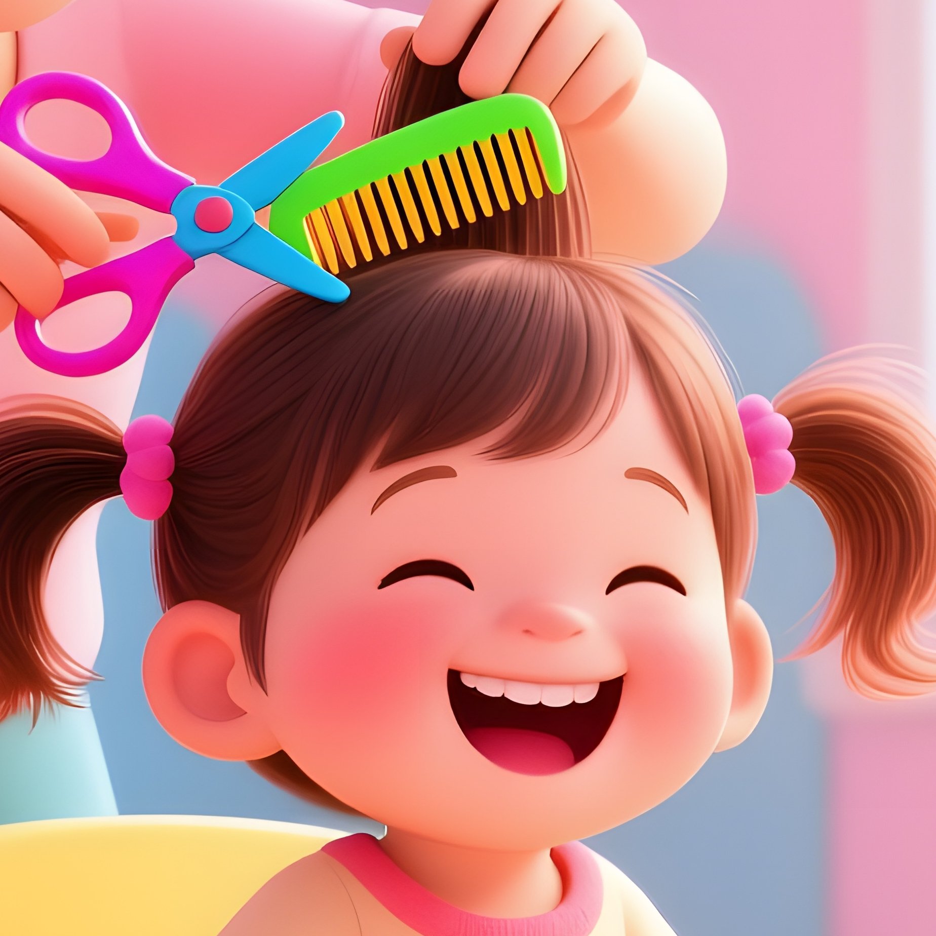Child With Pigtails Getting Playful Haircut - Full Resolution Quality Preview