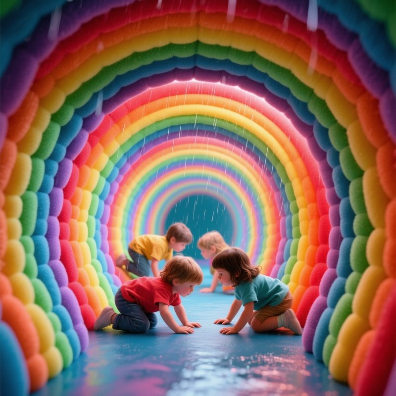 Children Crawling Through Rainbow Tunnel Of Soft Foam Arches Computer Generated