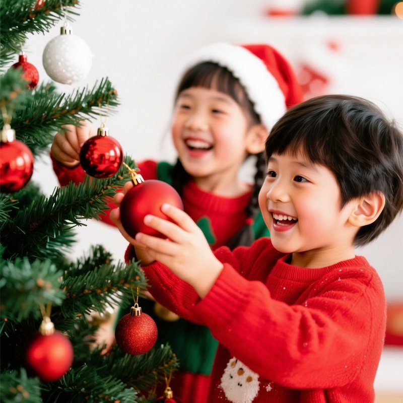 Children Decorating A Christmas Tree Christmas Holiday