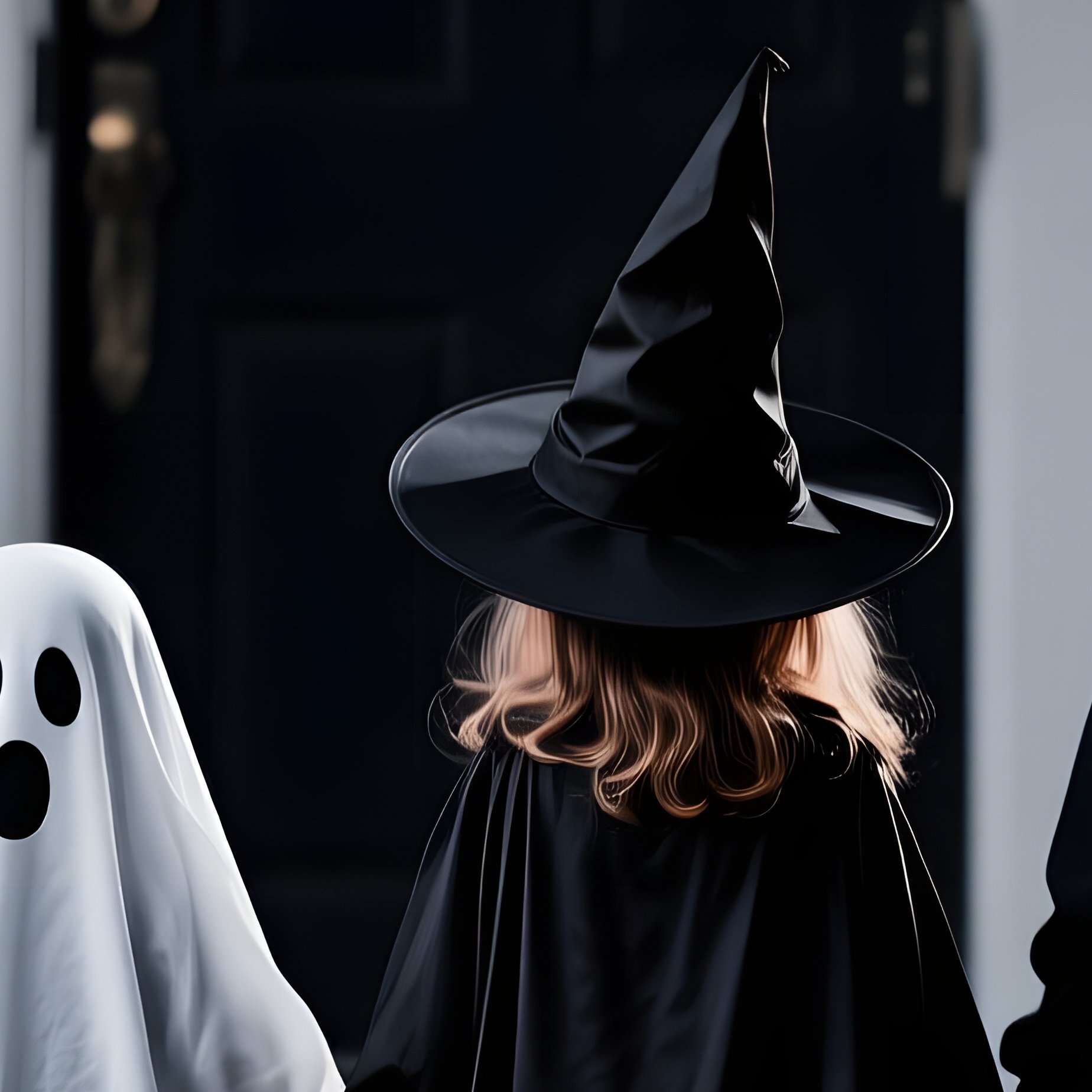 Children In Halloween Costumes Approaching A House Halloween - Full Resolution Quality Preview