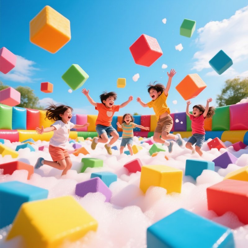 Children Jumping Into A Foam Pit Filled With Giant Colorful Cubes