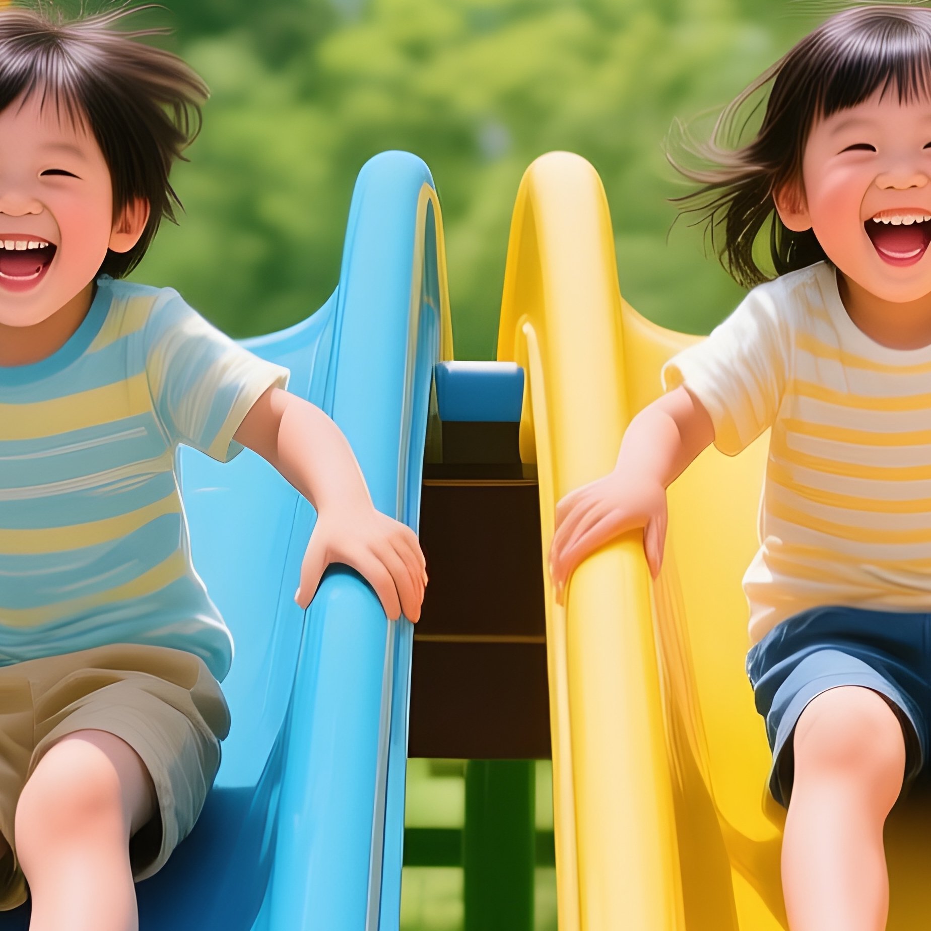 Children Sliding Down Side By Side Slides Laughing Together - Full Resolution Quality Preview