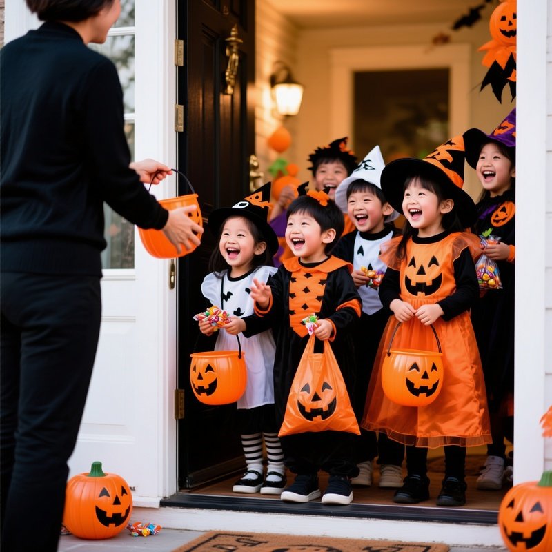 Children Trick Or Treating On Halloween Halloween Trick Or