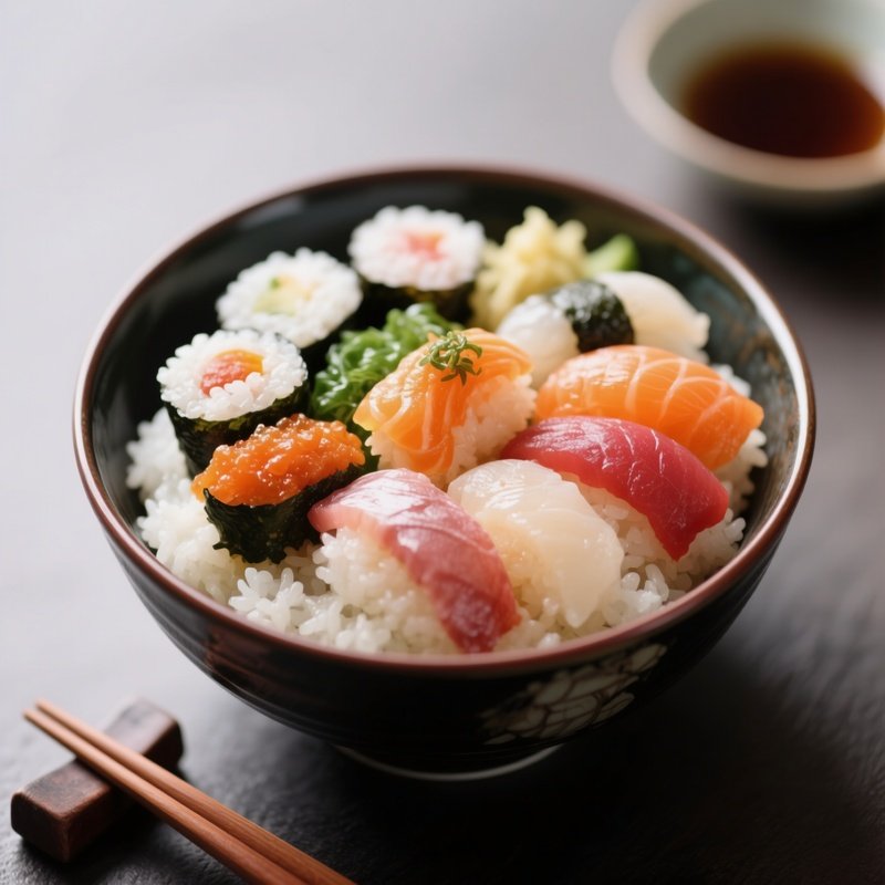Chirashi Sushi Bowl With Vinegared Rice Topped With Assorted Sashimi