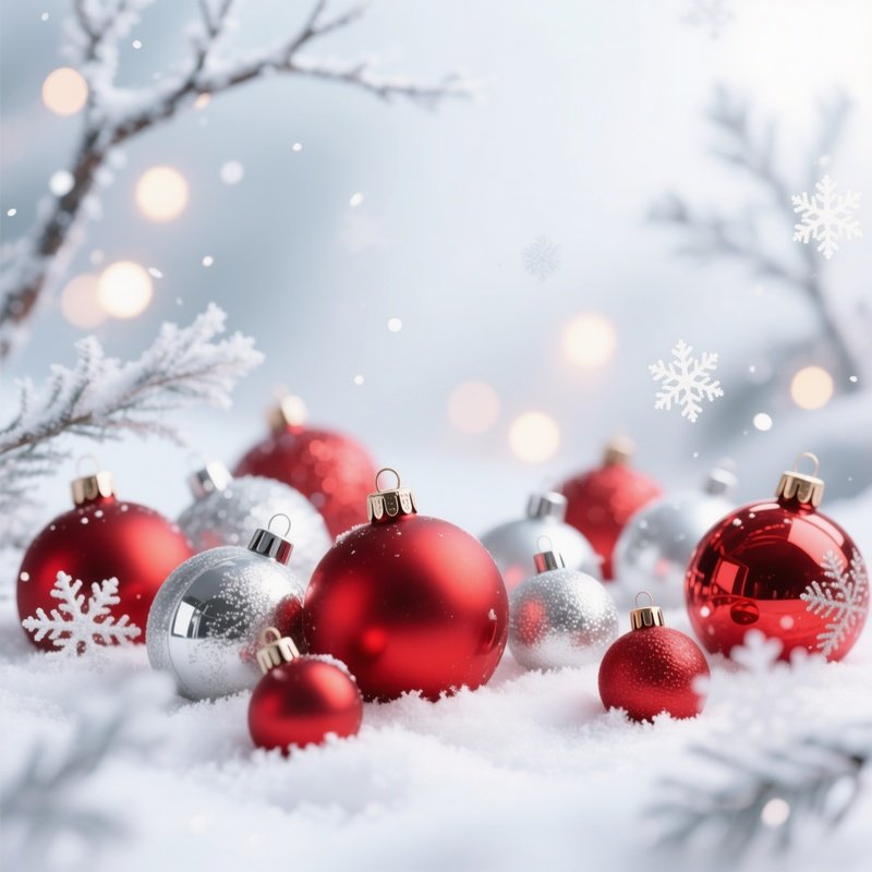 Christmas Ornaments On A Snowy Background Christmas Winter