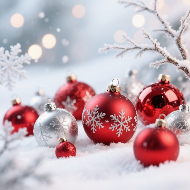 Christmas Ornaments On A Snowy Background Christmas Winter