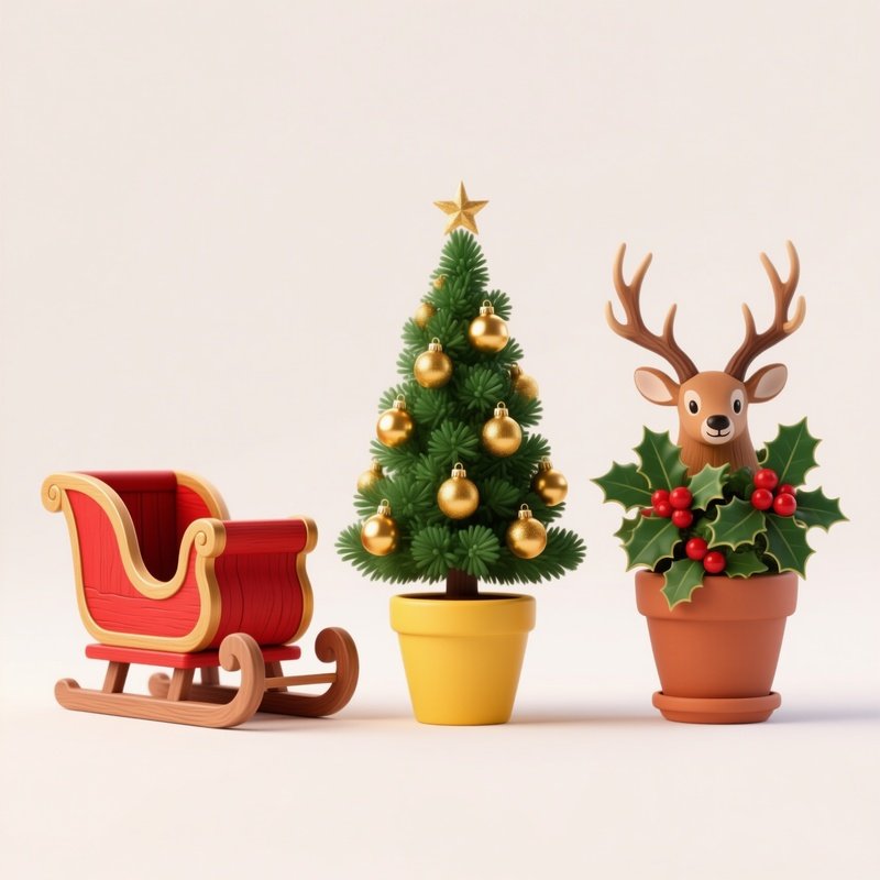 Christmas Themed Objects Including A Sleigh A Decorated Tree And