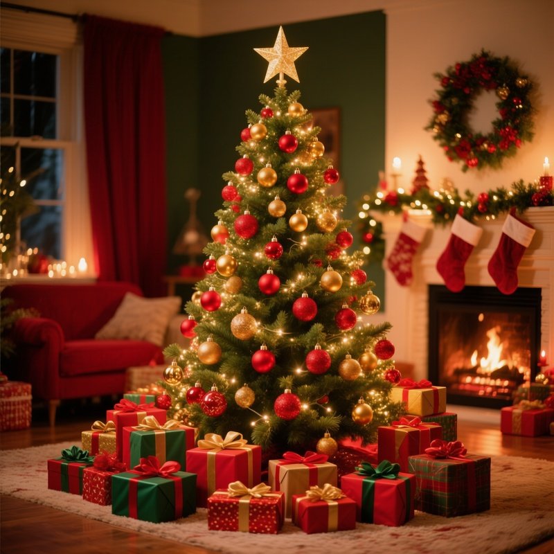 Christmas Tree Decorated With Ornaments And Surrounded By Gifts
