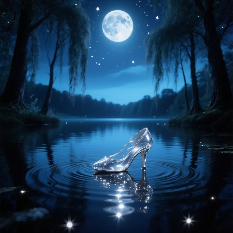 Cinderellas Glass Slipper On Moonlit Lake