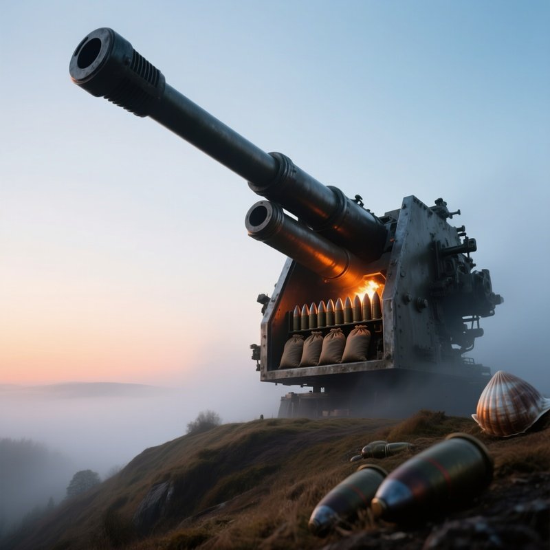 Cinematic Low Angle Artillery On Foggy Hilltop At Dawn