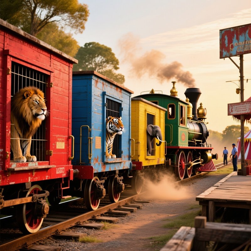 Circus Train Old Fashioned Colorful Wagons Caged Animals Parked Siding