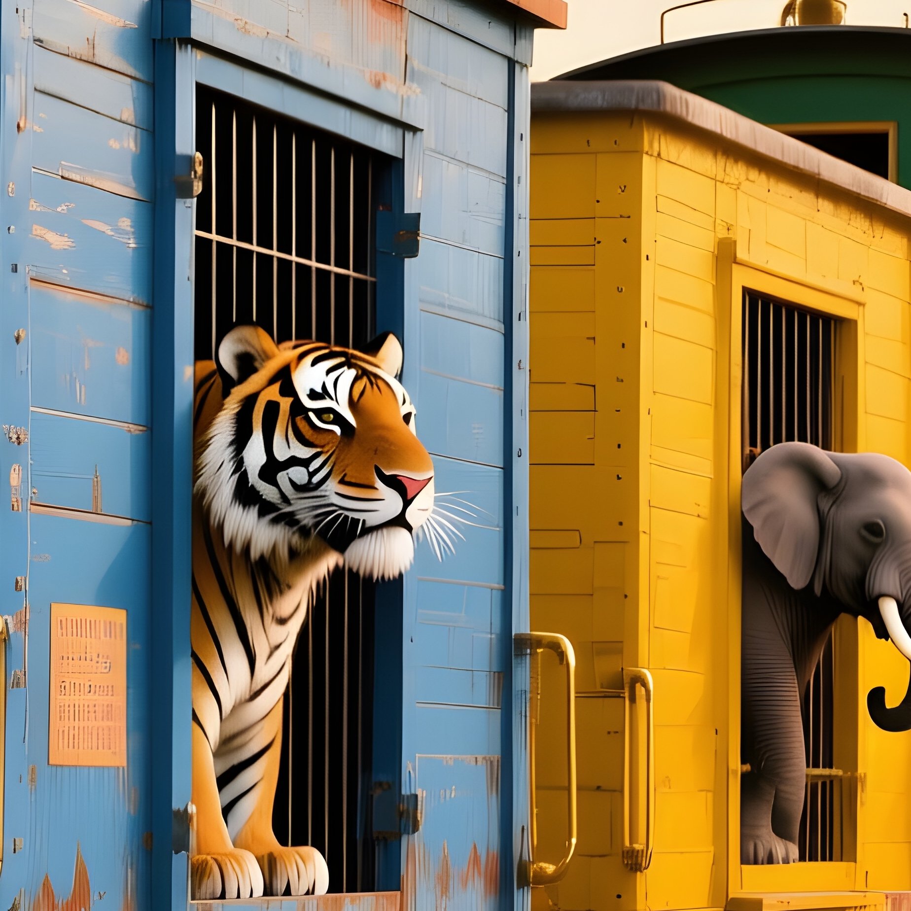 Circus Train Old Fashioned Colorful Wagons Caged Animals Parked Siding - Full Resolution Quality Preview