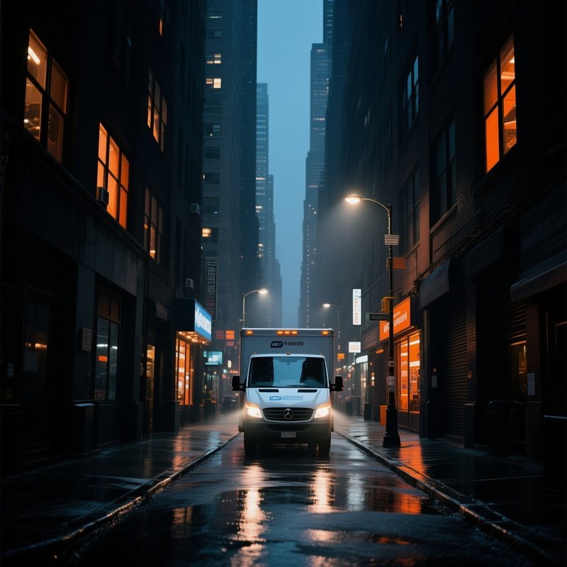 City Delivery Van Navigating Narrow Alleys Between Tall Buildings