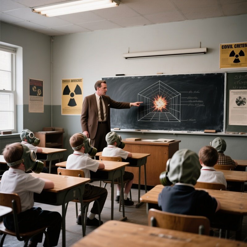 Civil Defense Drill 1984 Schoolchildren Gas Masks Classroom