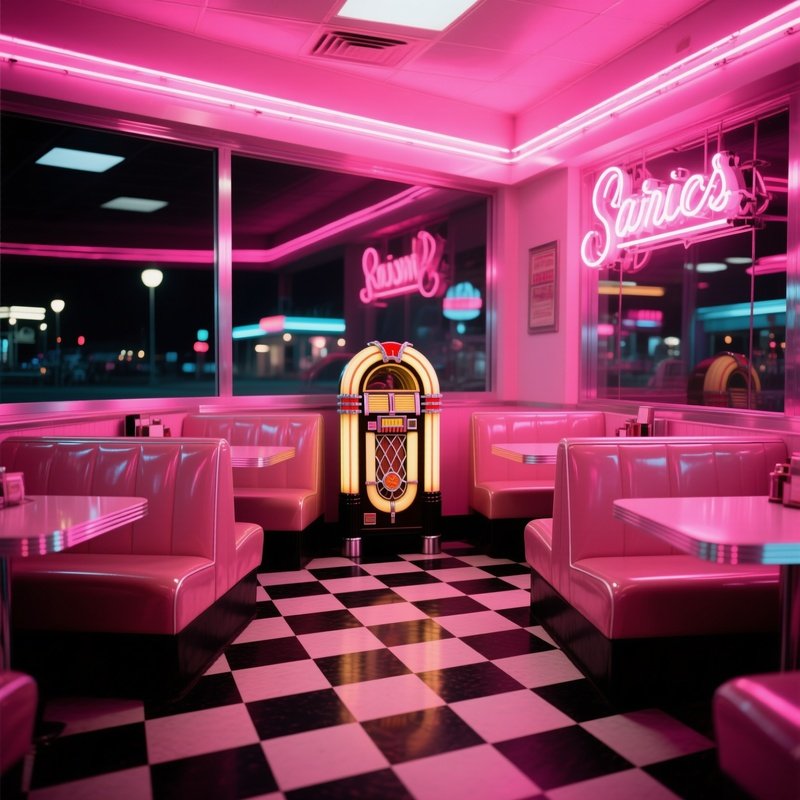 Classic American Diner Night Neon Reflections