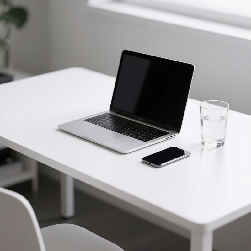 Clean Desk: An Ultra Minimalist White Desk With Only A Laptop, A Smartphone, And A Glass Of Water, Representing Modern Efficiency.