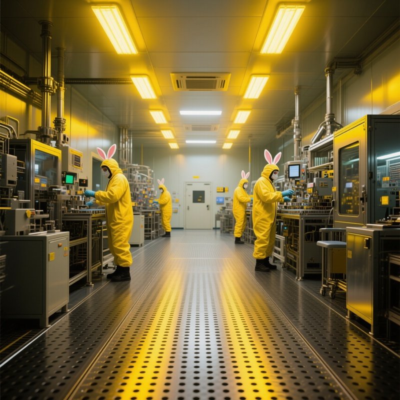 Clean Room  A Wide Shot Of A Semiconductor Fab. The Floor Is Perforated Metal, The Lighting Is Yellow (Uv Safe), And Workers Wear  Bunny Suits. 