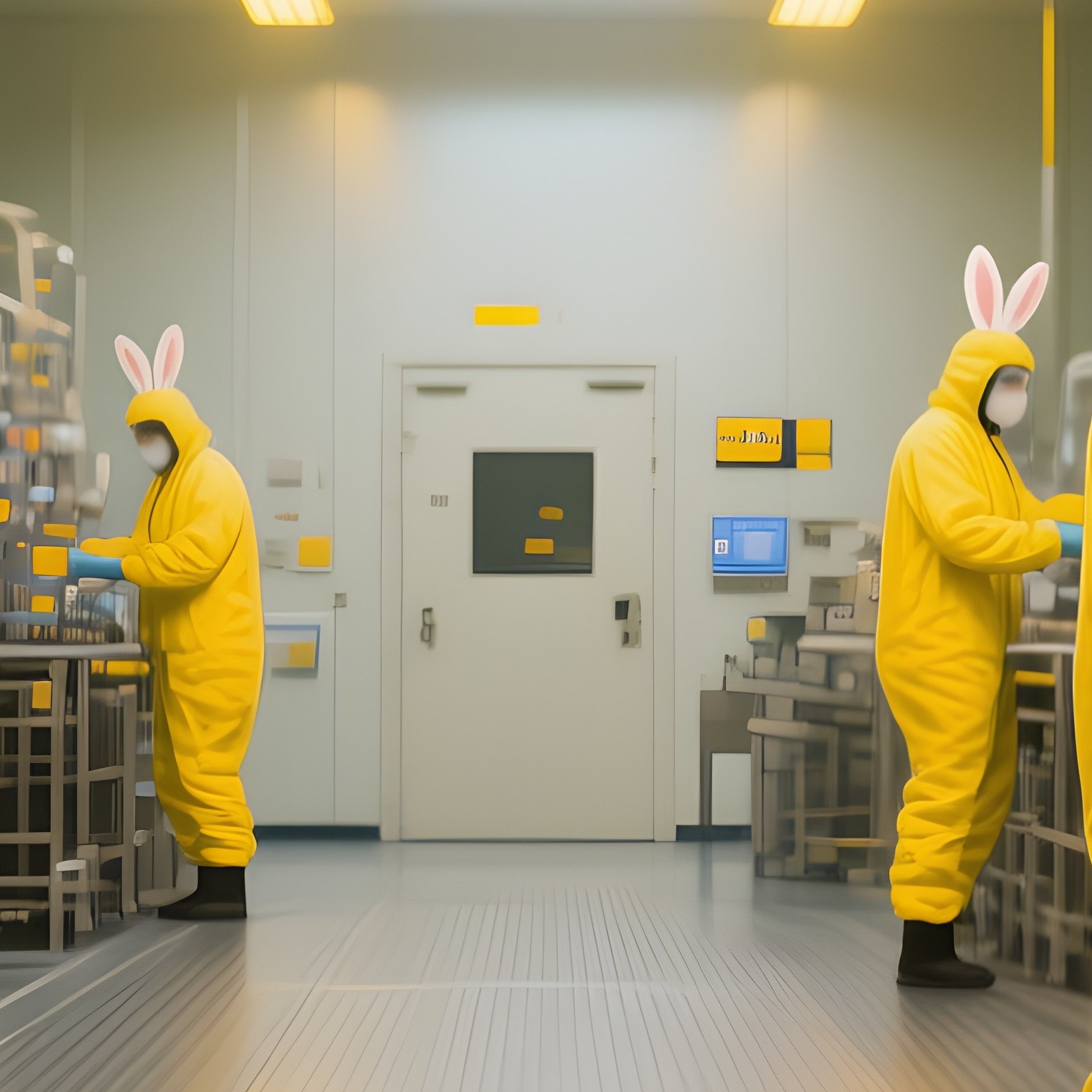Clean Room  A Wide Shot Of A Semiconductor Fab. The Floor Is Perforated Metal, The Lighting Is Yellow (Uv Safe), And Workers Wear  Bunny Suits.  - Full Resolution Quality Preview