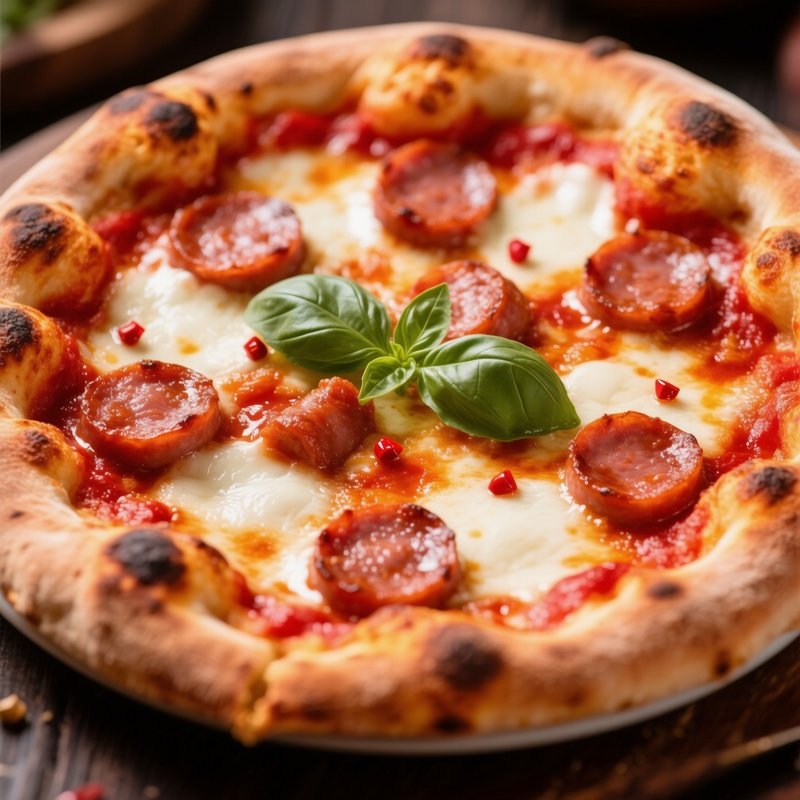 Close Up Of A Artisan Pizza With Crunchy Dough And Sausage Topping