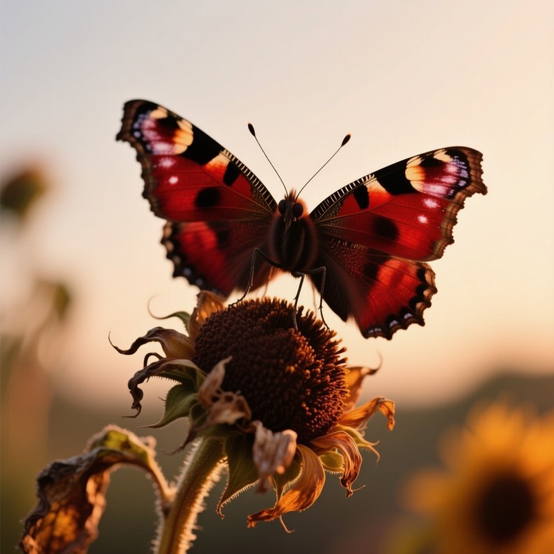 Close‑Up Of A Deep Crimson Red Spot Butterfly Perched On A Wilted Sunflower Seed Head, Late