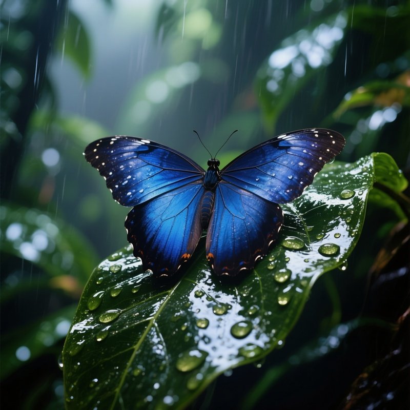 Close‑Up Of A Deep Indigo Blue Morpho Perched On A Glossy Rainforest Leaf After Rain, Droplets