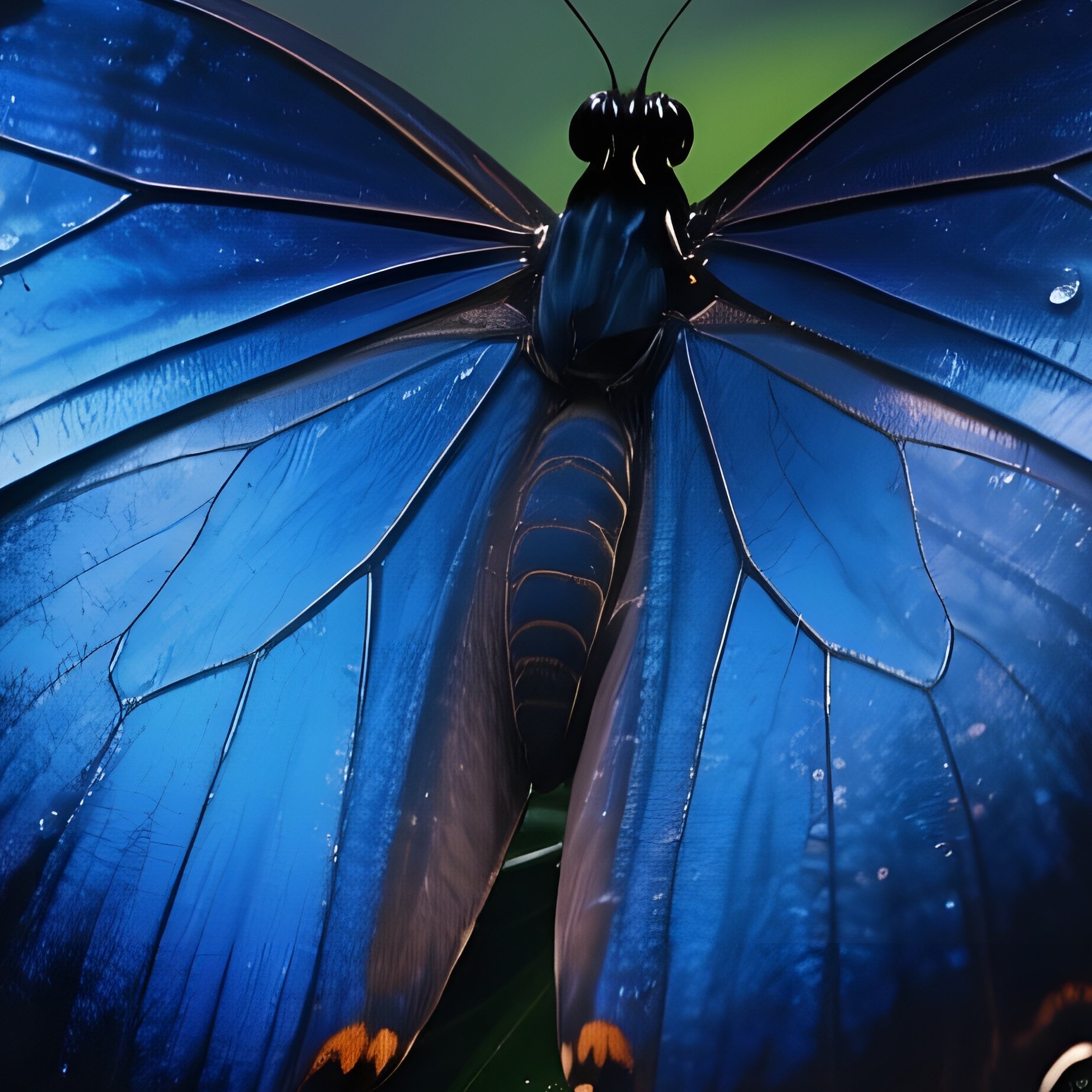 Close‑Up Of A Deep Indigo Blue Morpho Perched On A Glossy Rainforest Leaf After Rain, Droplets - Full Resolution Quality Preview