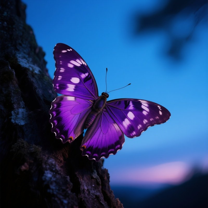 Close‑Up Of A Vivid Purple Purple Emperor Butterfly Perched On A Dark Bark Trunk At Twilight, Cool