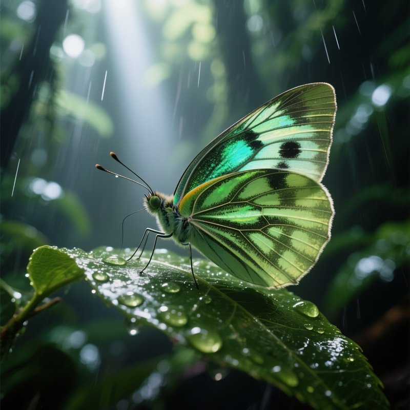 Close‑Up Of An Iridescent Green Veined White Butterfly Perched On A Dew‑Slicked Leaf In A