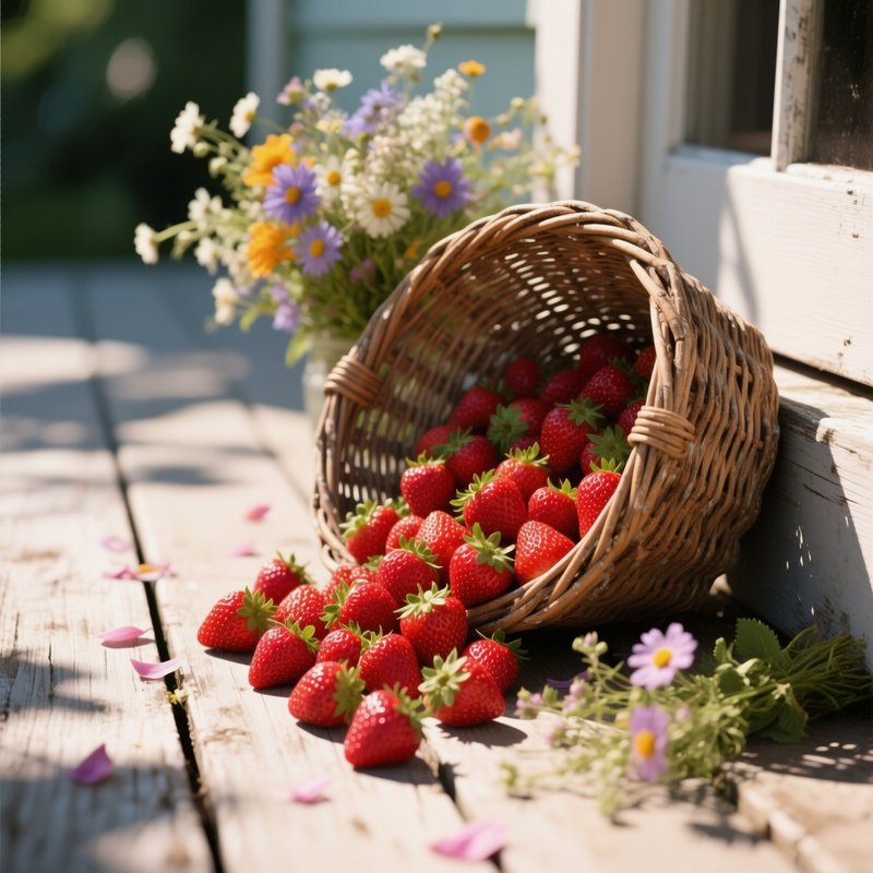 Close Up Of Freshly Picked Strawberries Spilling From A Weathered Wicker Basket Onto A Sun Bleached