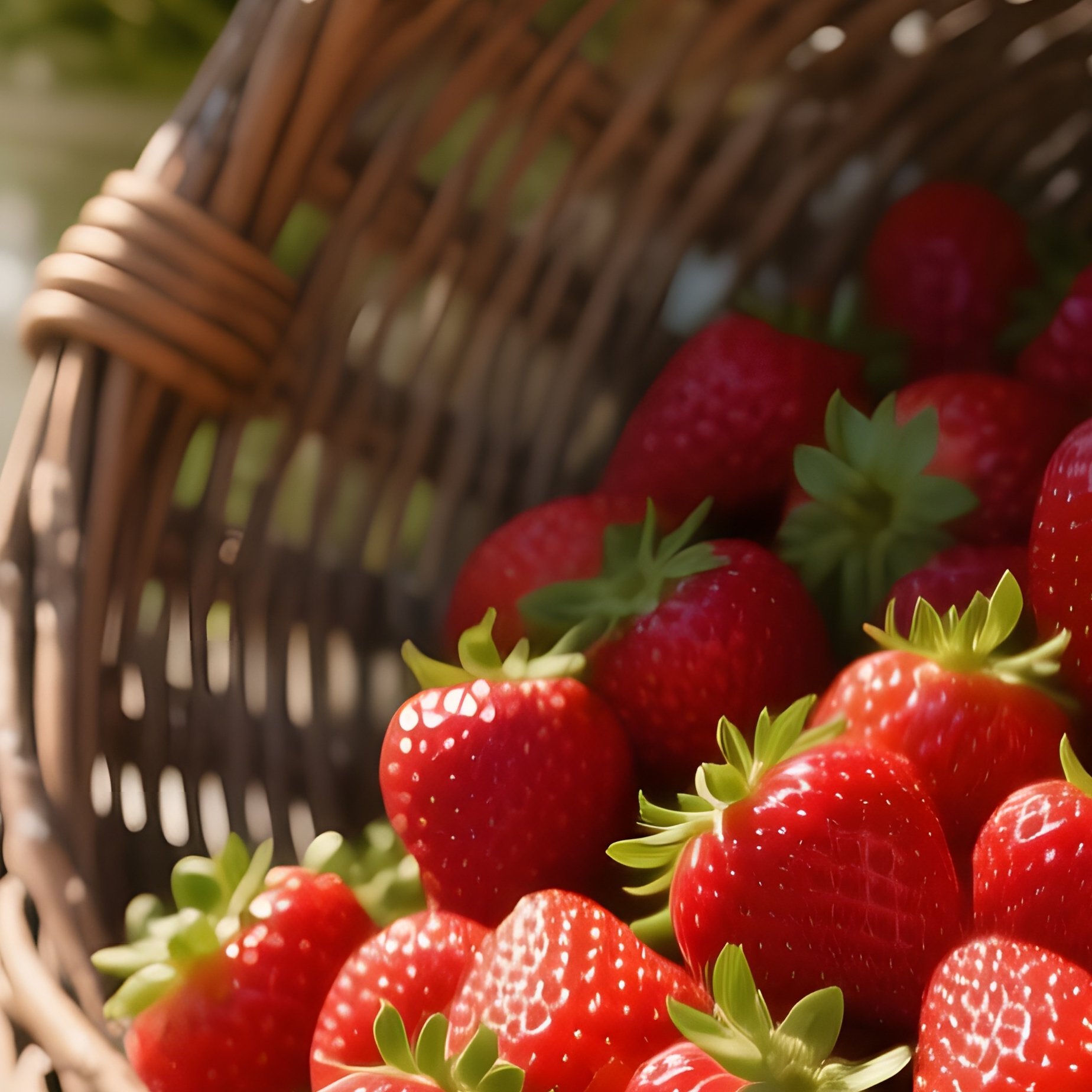 Close Up Of Freshly Picked Strawberries Spilling From A Weathered Wicker Basket Onto A Sun Bleached - Full Resolution Quality Preview