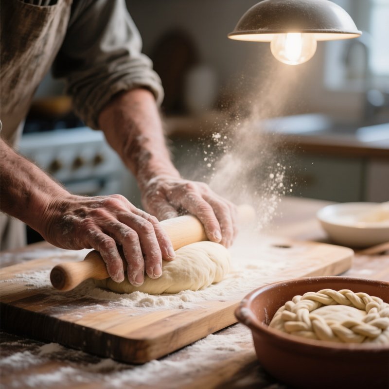 Close Up Of Weathered Hands Expertly Rolling Dough On A Wooden Board Under Soft Kitchen Pendant