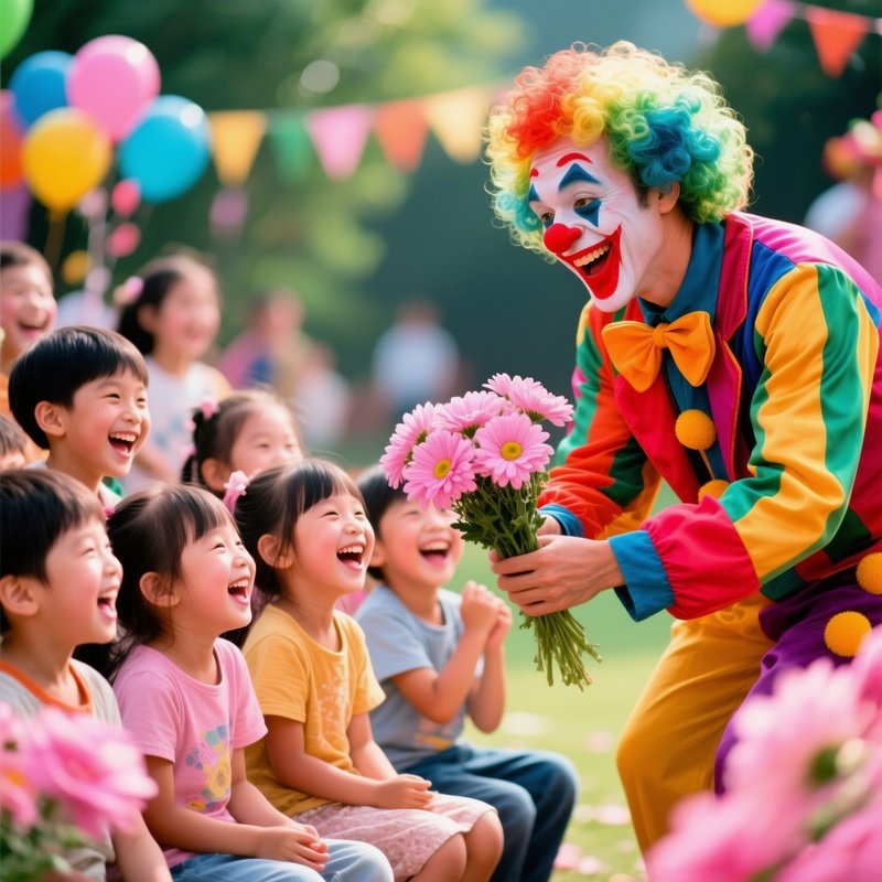 Clown Handing Flowers To Laughing Children