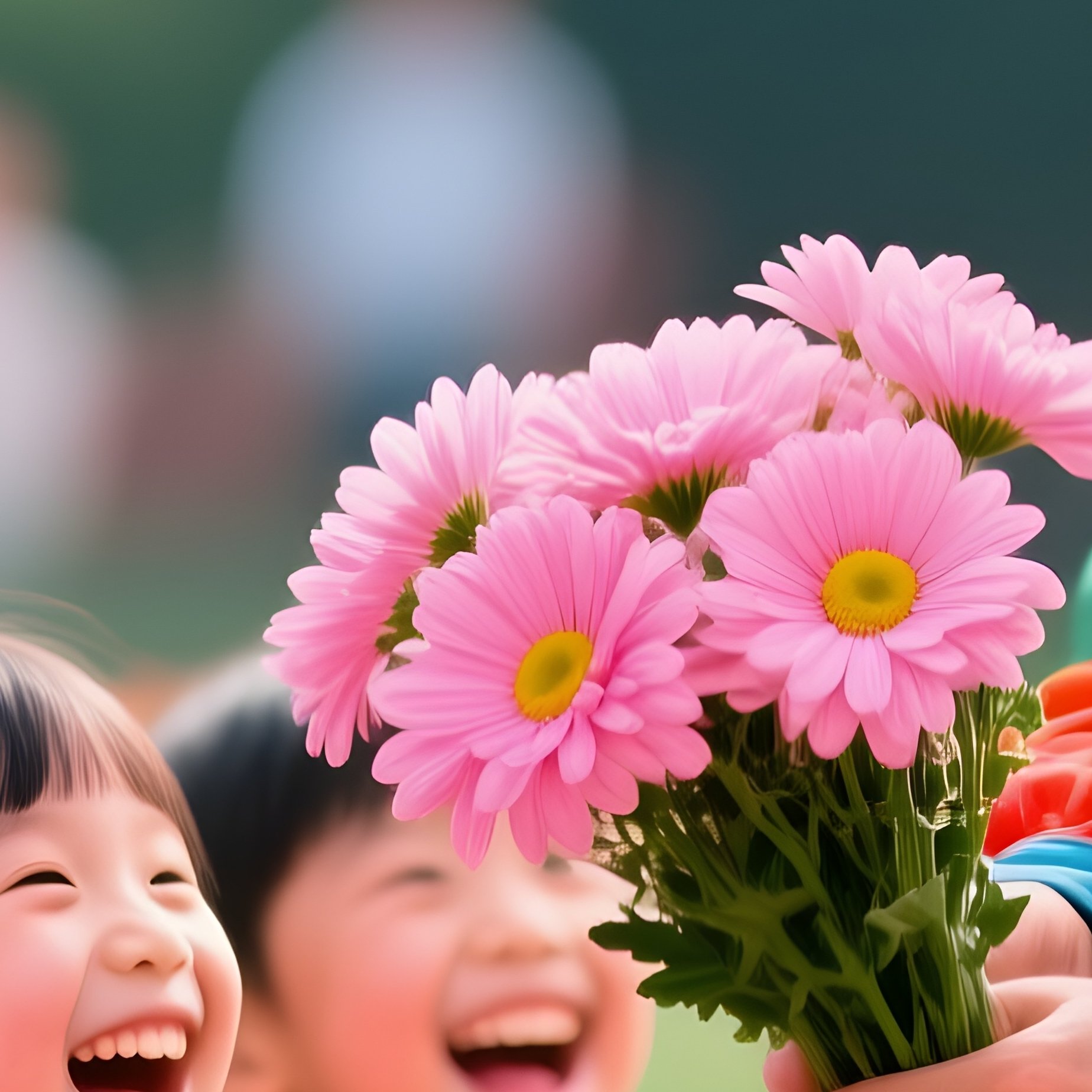 Clown Handing Flowers To Laughing Children - Full Resolution Quality Preview