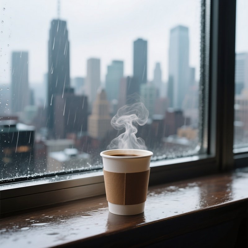Coffee Cup: A Steaming Paper Coffee Cup On A Rainy Window Sill Overlooking A City Skyline, Representing The Fuel Of The Business World.