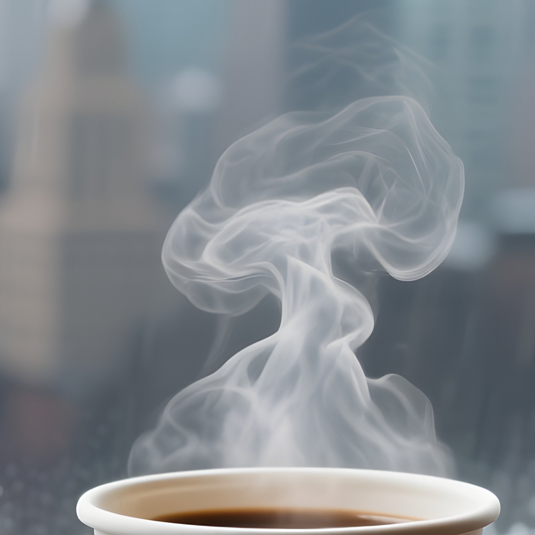 Coffee Cup: A Steaming Paper Coffee Cup On A Rainy Window Sill Overlooking A City Skyline, Representing The Fuel Of The Business World. - Full Resolution Quality Preview