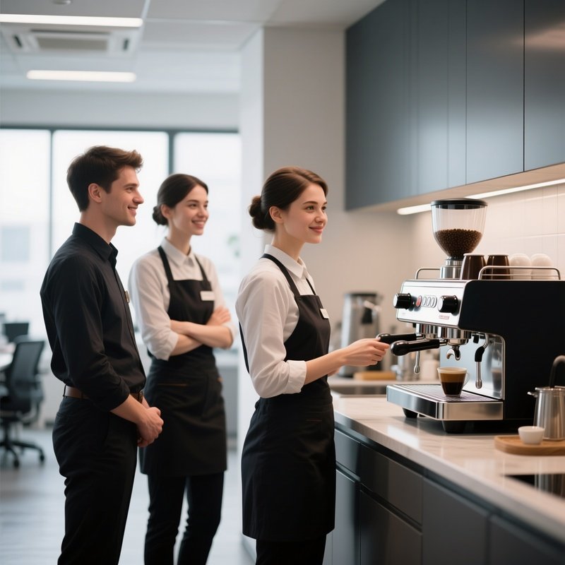Coffee Machine: A Lineup Of Three Employees Waiting In Front Of A Modern Espresso Machine In The Office Kitchen, Making Small Talk.