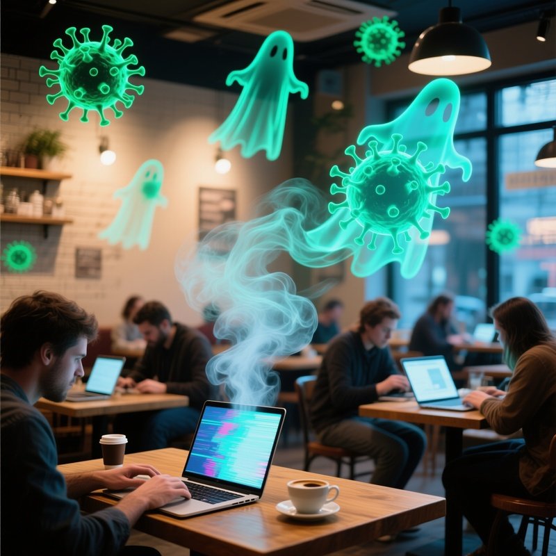 Coffee Shop With Glitch Virus Silhouettes