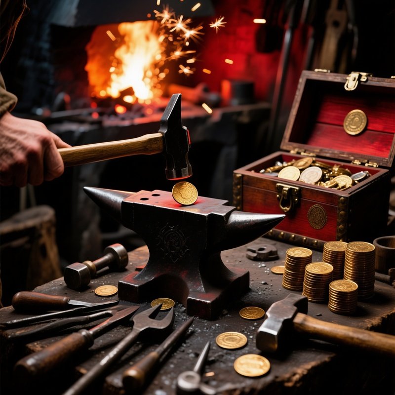 Coin Minting Process With Historical Tools And Treasure Artifacts