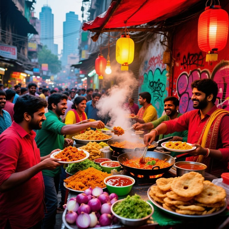 Colorful Chaotic Street Food Chaat Scene