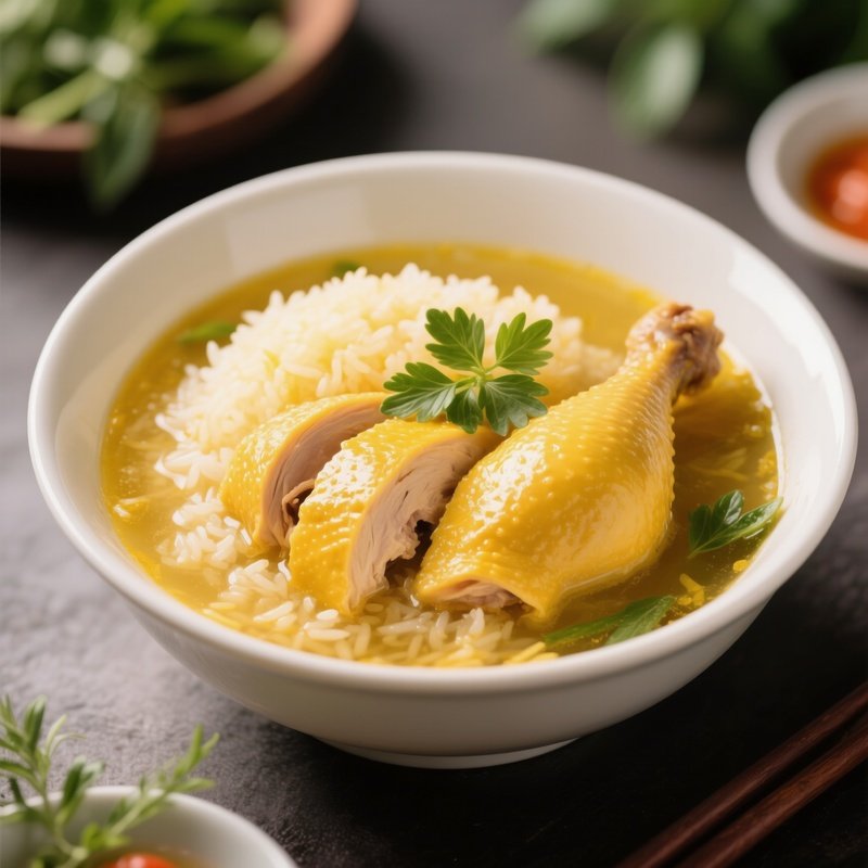 Cơm Gà Hội An Yellow Rice Cooked In Chicken Broth Served With Sliced Chicken And Herbs
