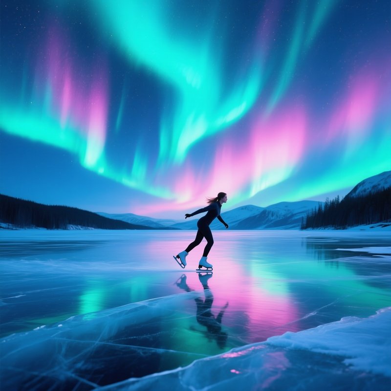 Comet Vale Ice Skater Under Aurora Sky