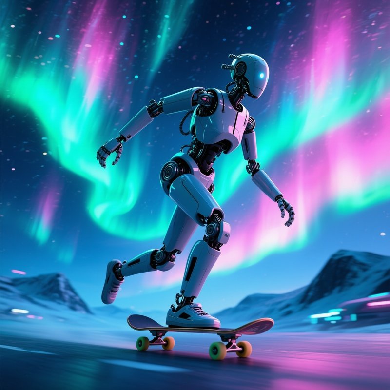 Comet Vale Robot Under Aurora Sky
