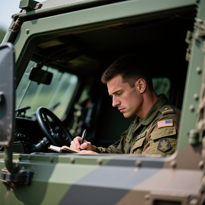 Commander Writing Notes Under Shade Of Vehicle