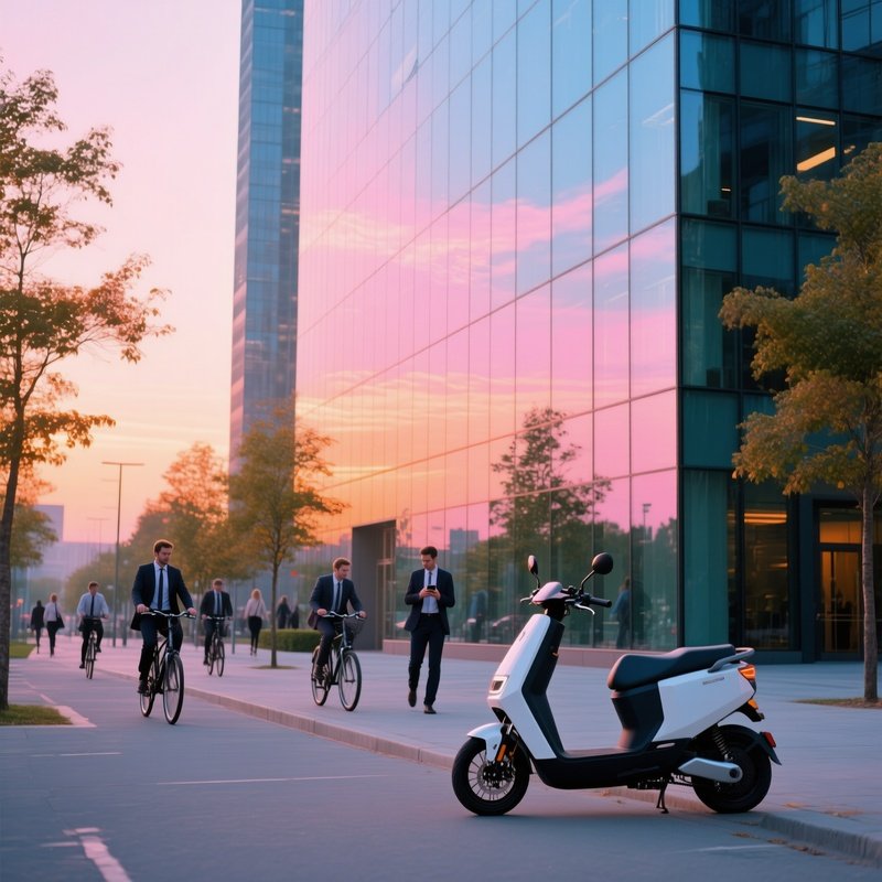 Commuter Scooter At Sunrise Glass Building