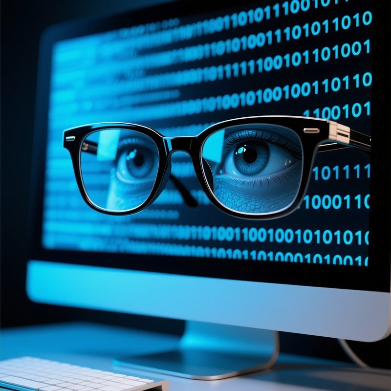 Computer With Binary Code Reflected In Glasses