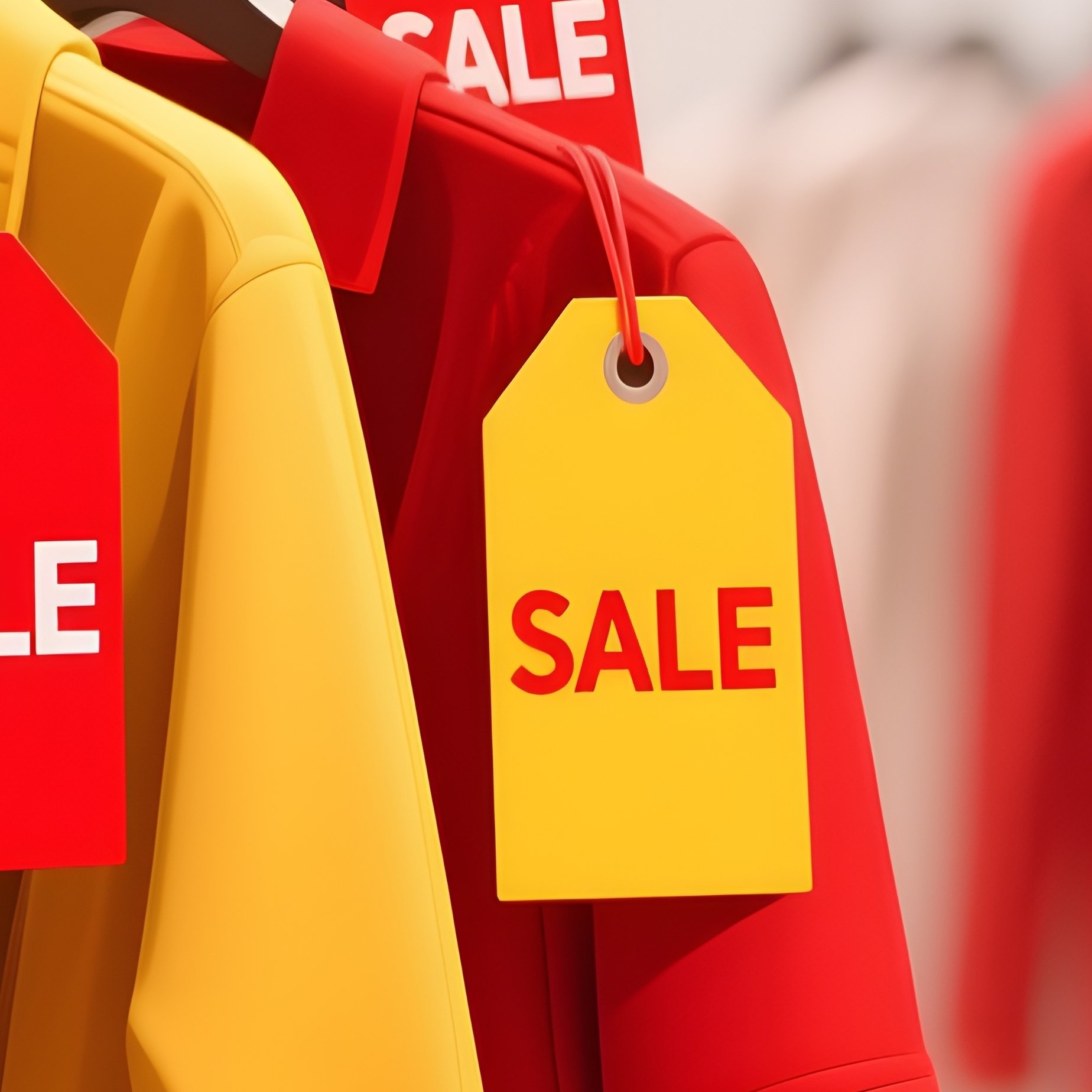 Concept Art Of Clothing Racks With Red And Yellow Sale Tags - Full Resolution Quality Preview