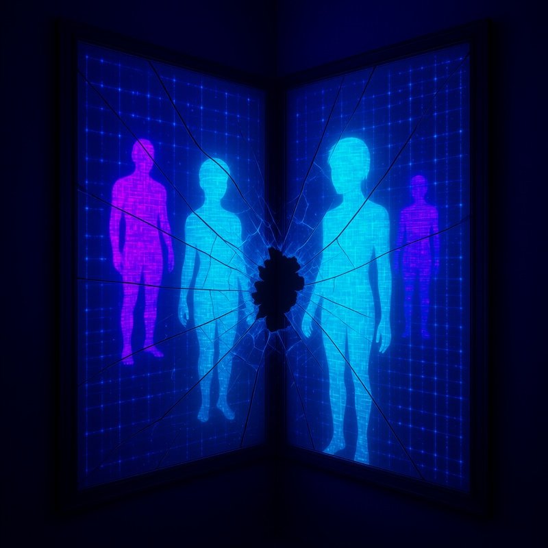 Conceptual Art Installation With Mirror Reflections And Digital Overlay