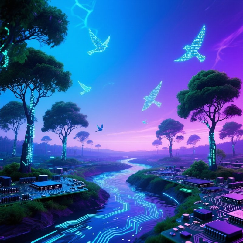 Conceptual Artistic Abstract Landscape With Fused Nature And Tech